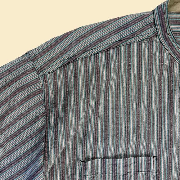 Vintage 1990s XL men's collarless shirt, purple/blue Basic Equipment Clothing Co - Picture 8 of 8